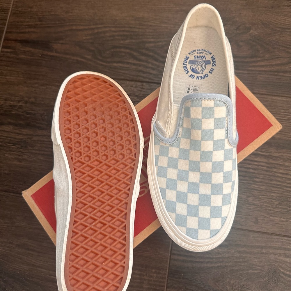 Vans US Open of Surfing Light Blue and White Checkered Slip-Ons, never worn - Picture 2 of 6